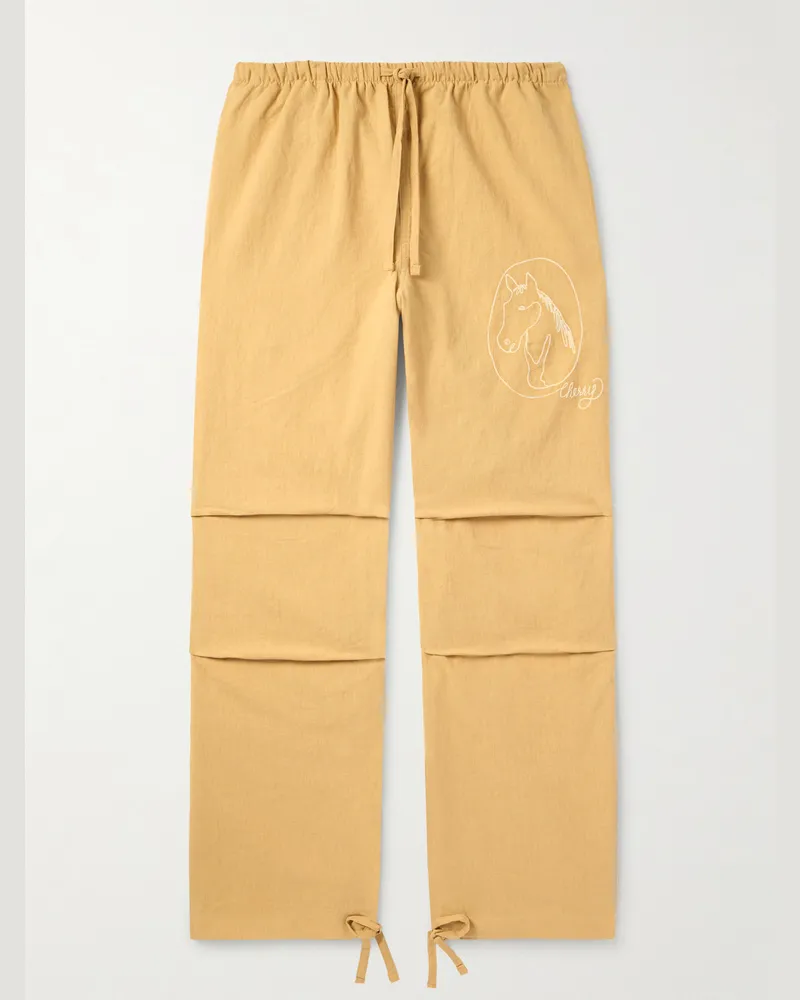 Cherry Los Angeles Gerade geschnittene Hose aus einer Baumwoll-Leinenmischung mit Kordelzugbund und Stickerei Gelb