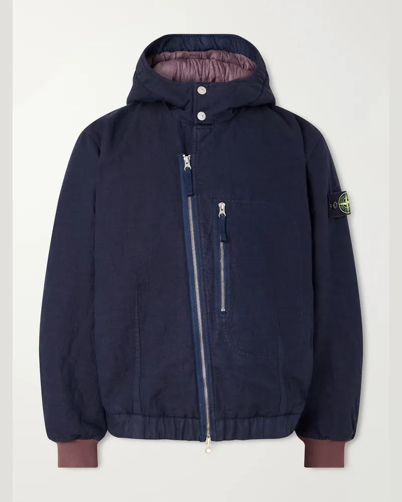 Stone Island Garment-Dyed Hooded Padded Diagonal Cotton Wool-TC Twill Jacket Blue