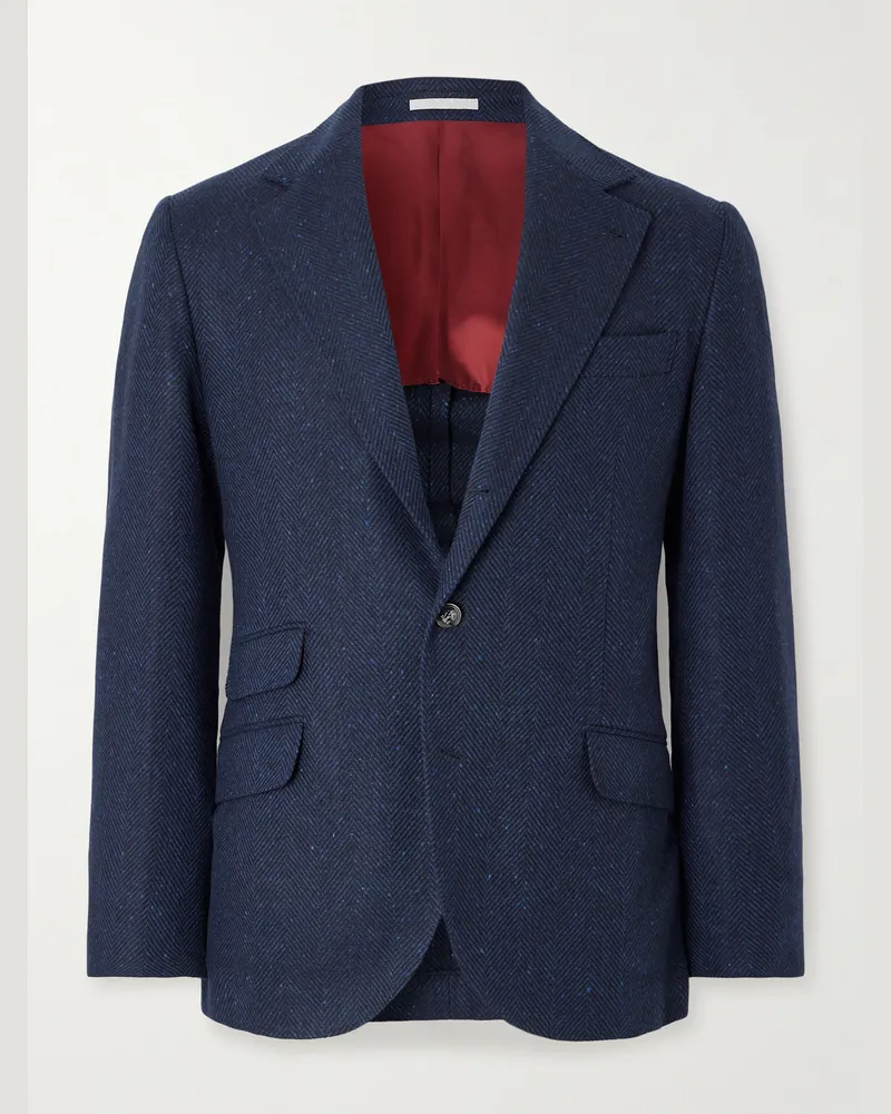 Brunello Cucinelli Herringbone Wool and Cashmere-Blend Blazer Blue