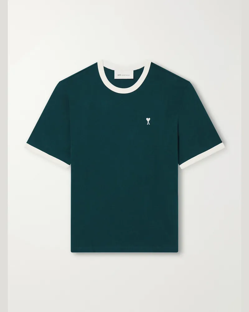 AMI Paris Logo-Embroidered Cotton-Jersey T-Shirt Green