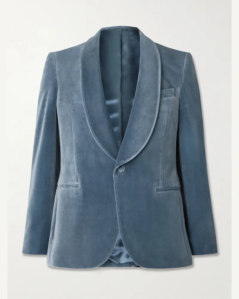 MR P. Schmal geschnittene Smokingjacke aus Baumwollsamt mit Schalkragen Blau