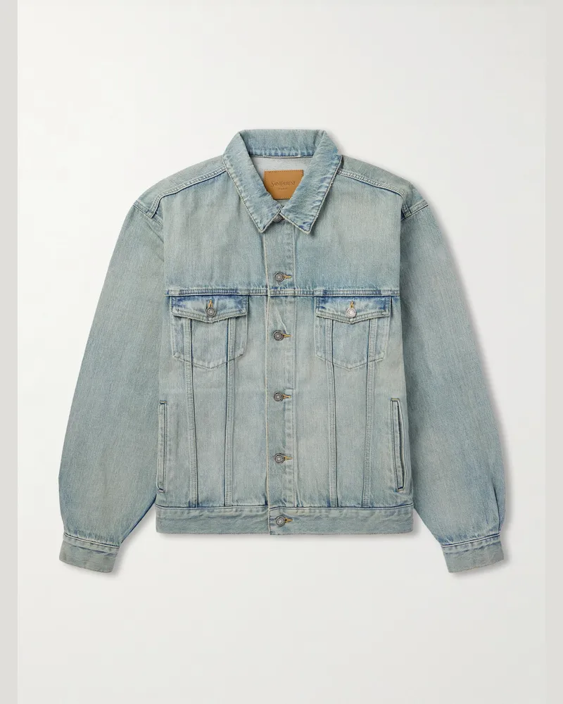 Saint Laurent Distressed Denim Trucker Jacket Blue