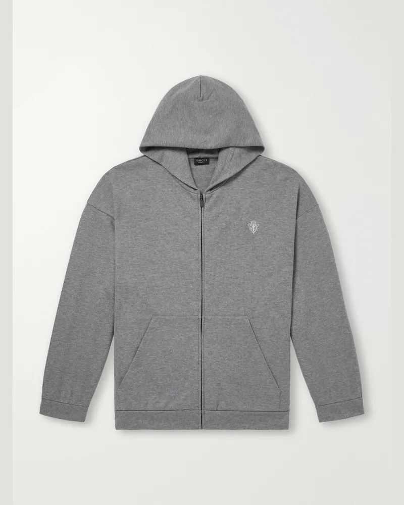 Gucci Logo-Embroidered Cotton and Cashmere-Blend Jersey Zip-Up Hoodie Gray