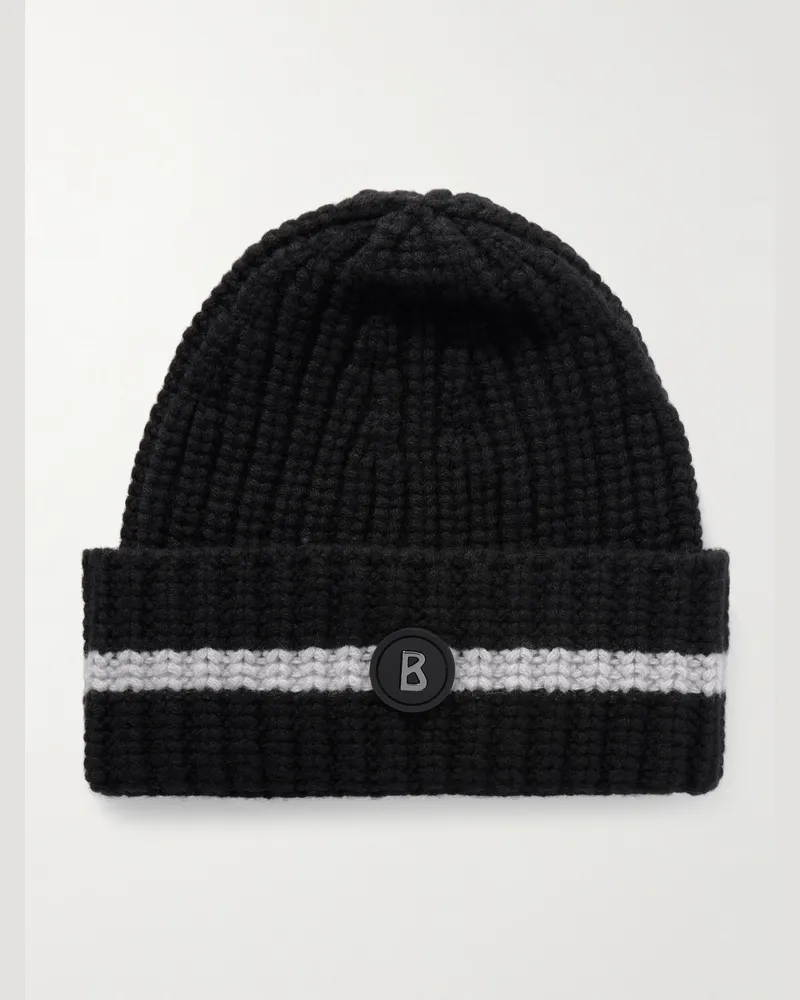 Bogner Kilian Ski-Beanie aus Kaschmir in Rippstrick mit Logoapplikation und Streifen Schwarz