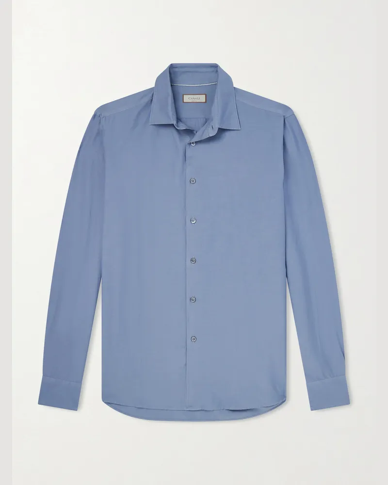 Canali Hemd aus einer Baumwoll-Seidenmischung in Stückfärbung Blau