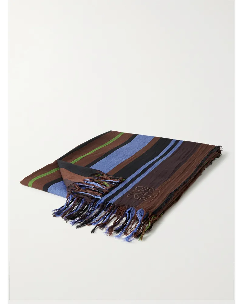 Gestreifte Decke aus Baumwoll-Voile mit Logostickerei und Fransen