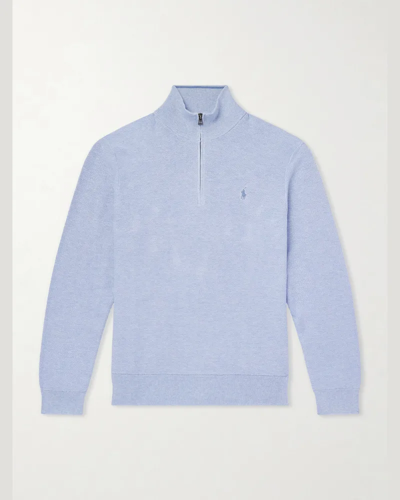 Ralph Lauren Logo-Embroidered Mesh-Knit Cotton Half-Zip Sweater Blue