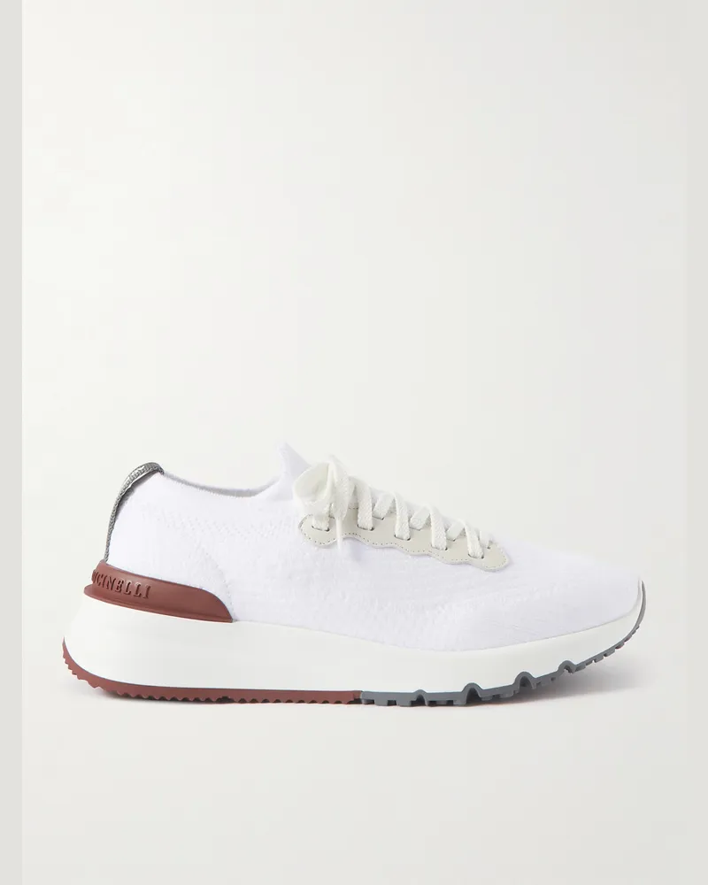 Brunello Cucinelli Leather-Trimmed Stretch-Knit Sneakers White