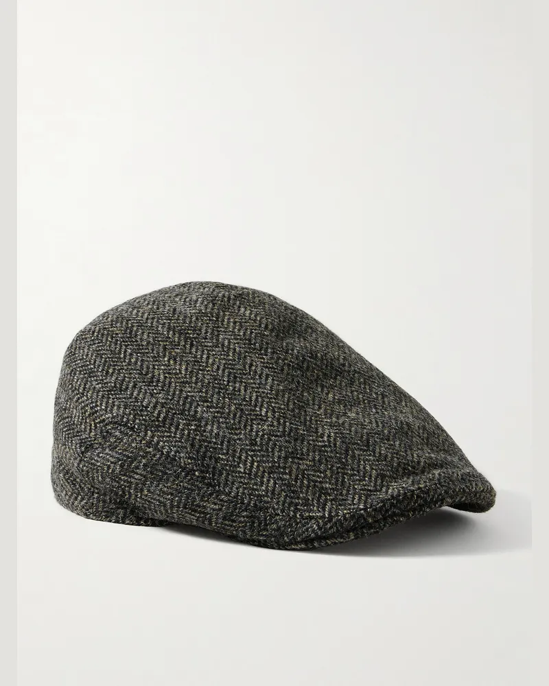Anderson & Sheppard Schiebermütze aus Woll-Tweed mit Fischgratmuster Grau