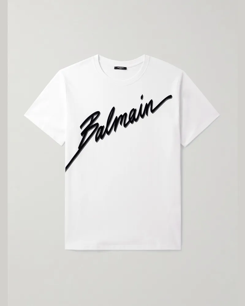 Balmain T-Shirt aus Baumwoll-Jersey mit Logoflockdruck Weiß