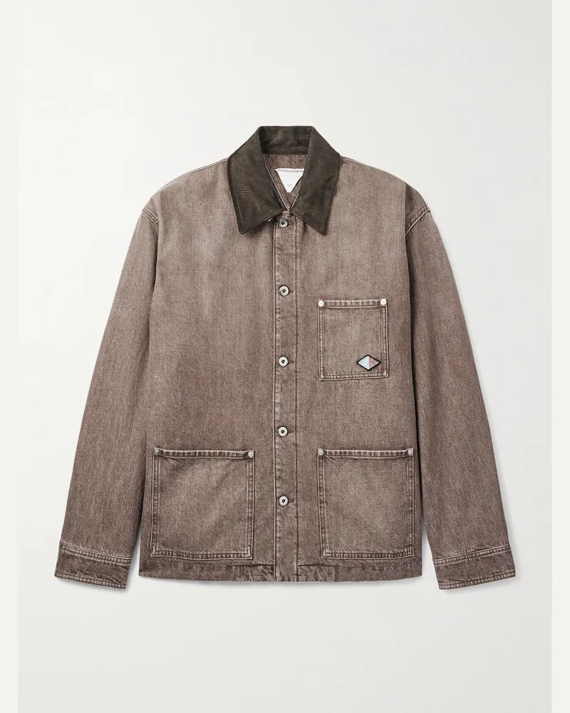 Bottega Veneta Jeansjacke mit Velourslederbesatz und Logoapplikation Braun