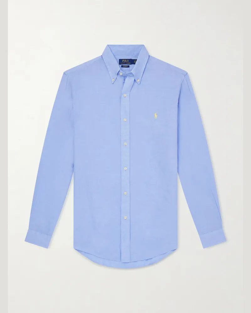 Ralph Lauren Hemd aus Leinen mit Logostickerei und Button-Down-Kragen Blau