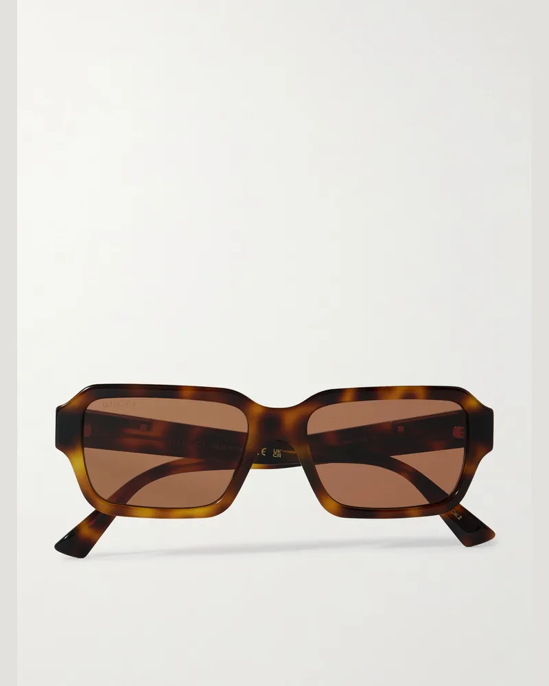 Gucci Sonnenbrille mit rechteckigem Rahmen aus recyceltem Azetat in Schildpattoptik und goldfarbenen, emaillierten Details Horn