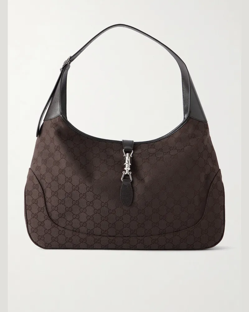 Gucci Jackie 1961 GG Supreme-Jacquard Leather-Trimmed Canvas Tote Bag Brown