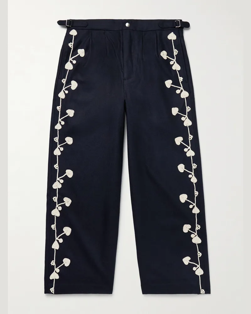 BODE Snowdrop Straight-Leg Appliquéd Herringbone Wool-Blend Trousers Blue