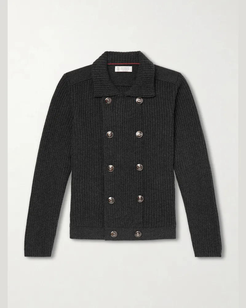 Brunello Cucinelli Double-Breasted Ribbed Cashmere Cardigan Gray