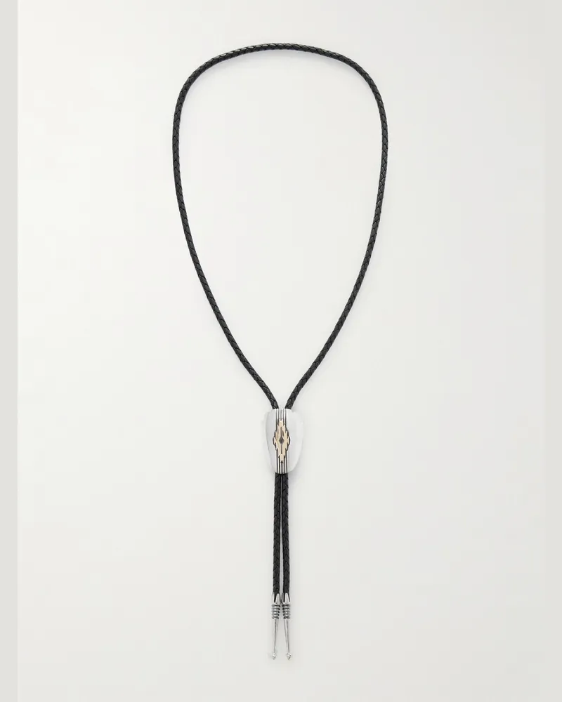 Jacques Marie Mage Sinclair Bolo Tie aus Lederkordel mit graviertem Detail aus Sterlingsilber und 18 Karat Gold Silber