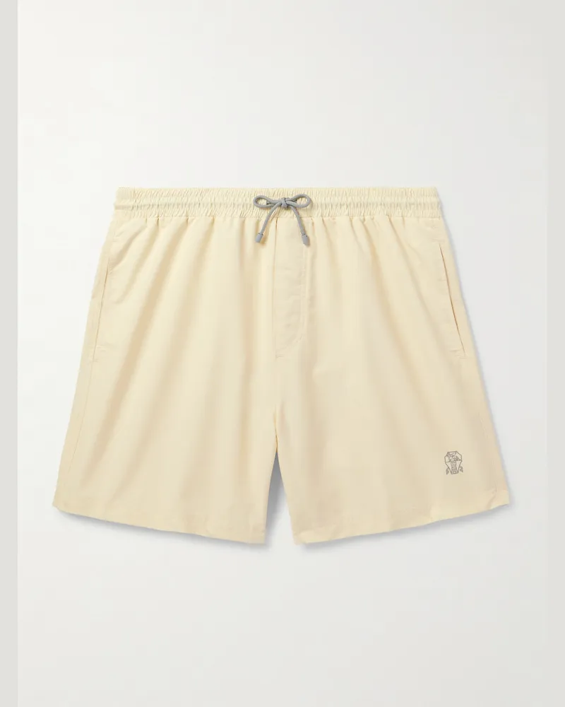 Brunello Cucinelli Gerade geschnittene mittellange Badeshorts mit Logostickerei Gelb