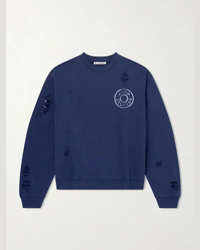 Acne Studios Franziska Oversized Distressed Logo-Print Cotton-Blend Jersey Sweatshirt Blue