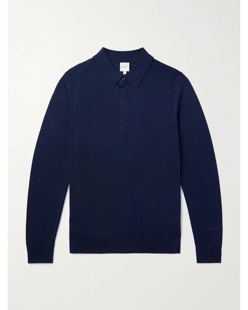 Paul Smith Pullover aus Merinowolle mit Stickerei und Polokragen Blau