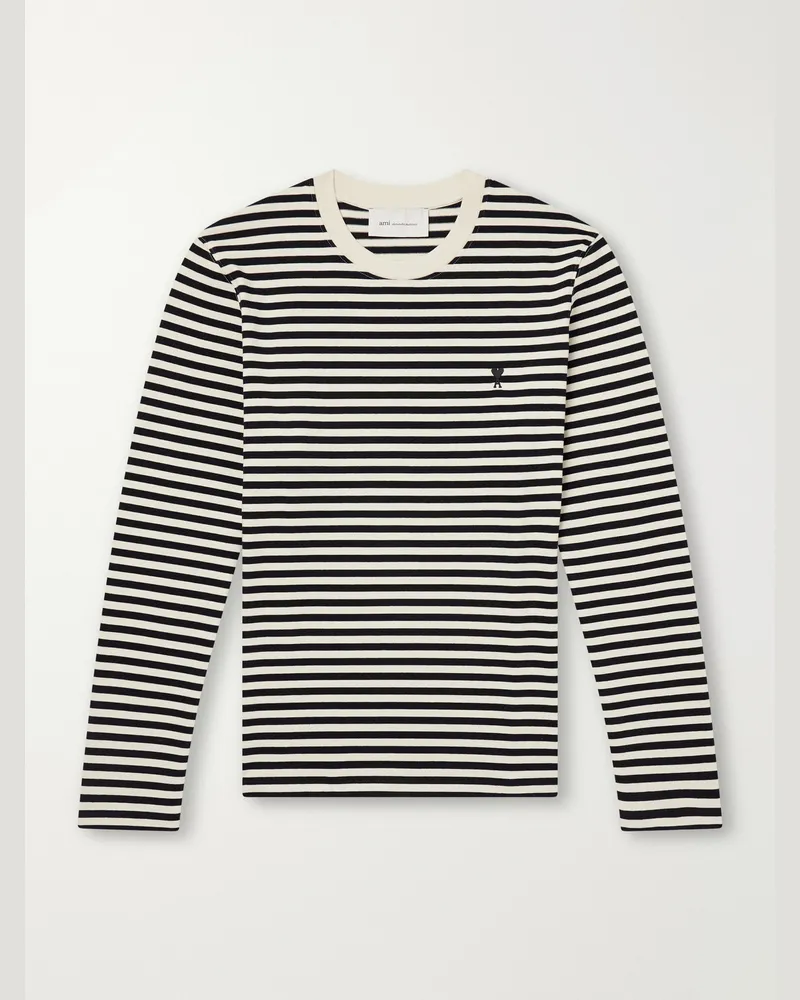 AMI Paris Logo-Embroidered Striped Cotton-Jersey T-Shirt Black