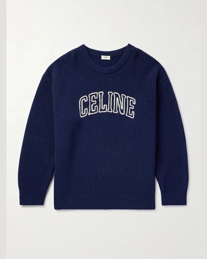 Celine Pullover aus Wolle in Rippstrick mit Logostickerei Blau