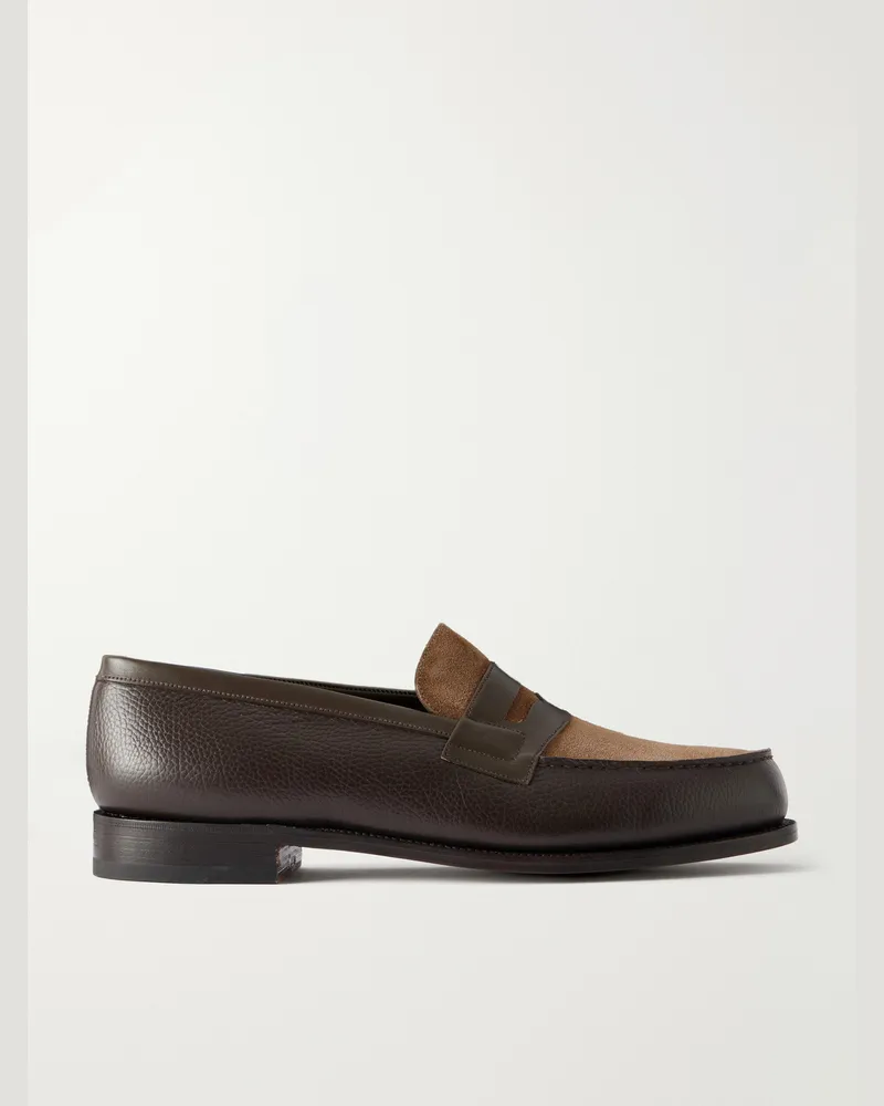 JM Weston 180 Leather-Trimmed Suede Penny Loafers Brown