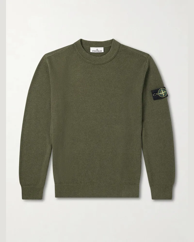 Stone Island Logo-Appliquéd Ribbed Cotton Sweater Green