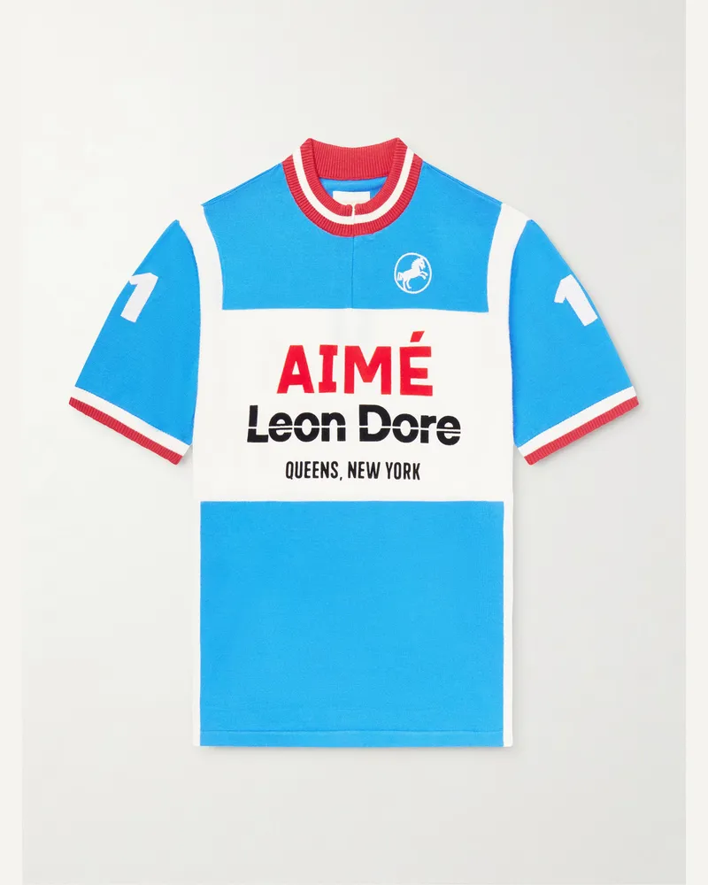 Aimé Leon Dore Logo-Detailed Merino Wool Half-Zip T-Shirt Blue