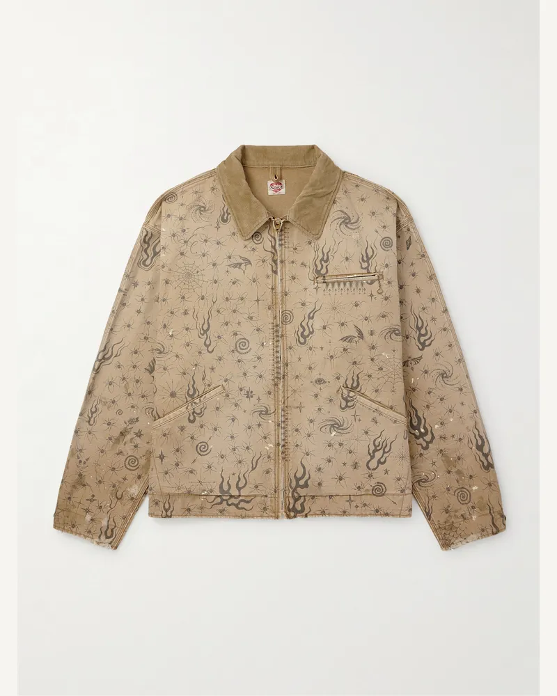SAINT MXXXXXX Dr. Woo Corduroy-Trimmed Distressed Printed Cotton-Canvas Jacket Neutrals