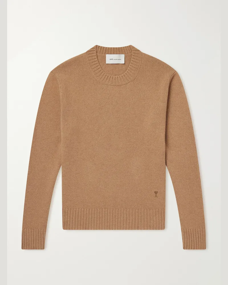 AMI Paris Logo-Embroidered Cashmere and Wool-Blend Sweater Brown