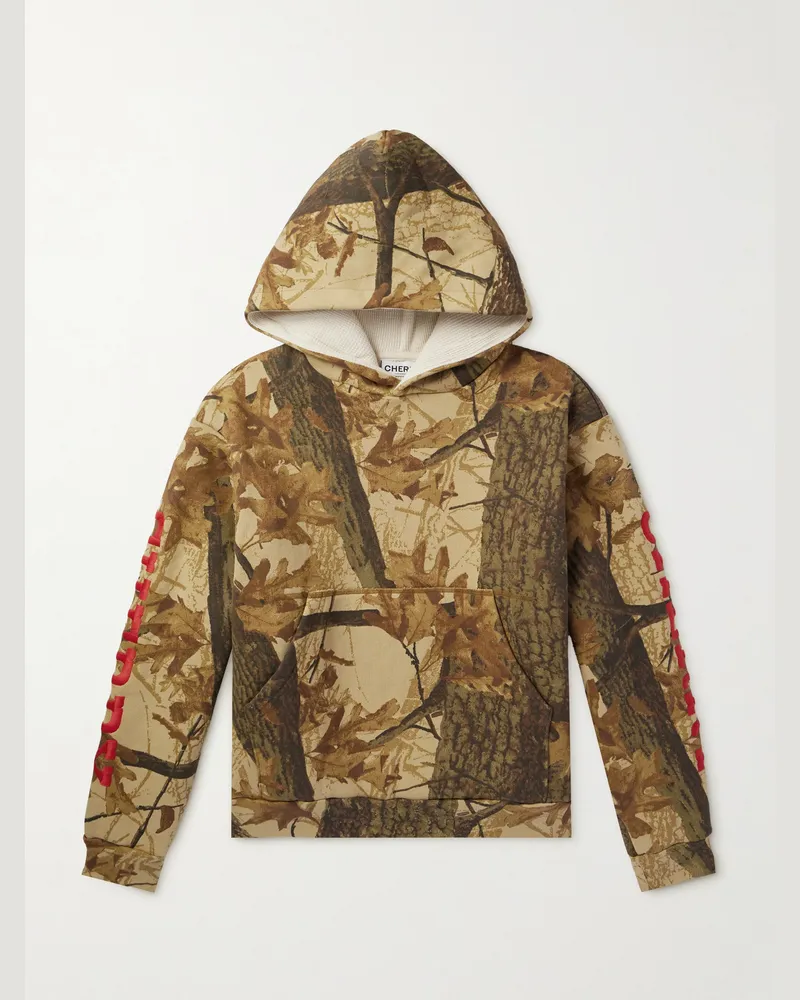 Cherry Los Angeles Logo-Embroidered Camouflage-Print Cotton-Jersey Hoodie Brown