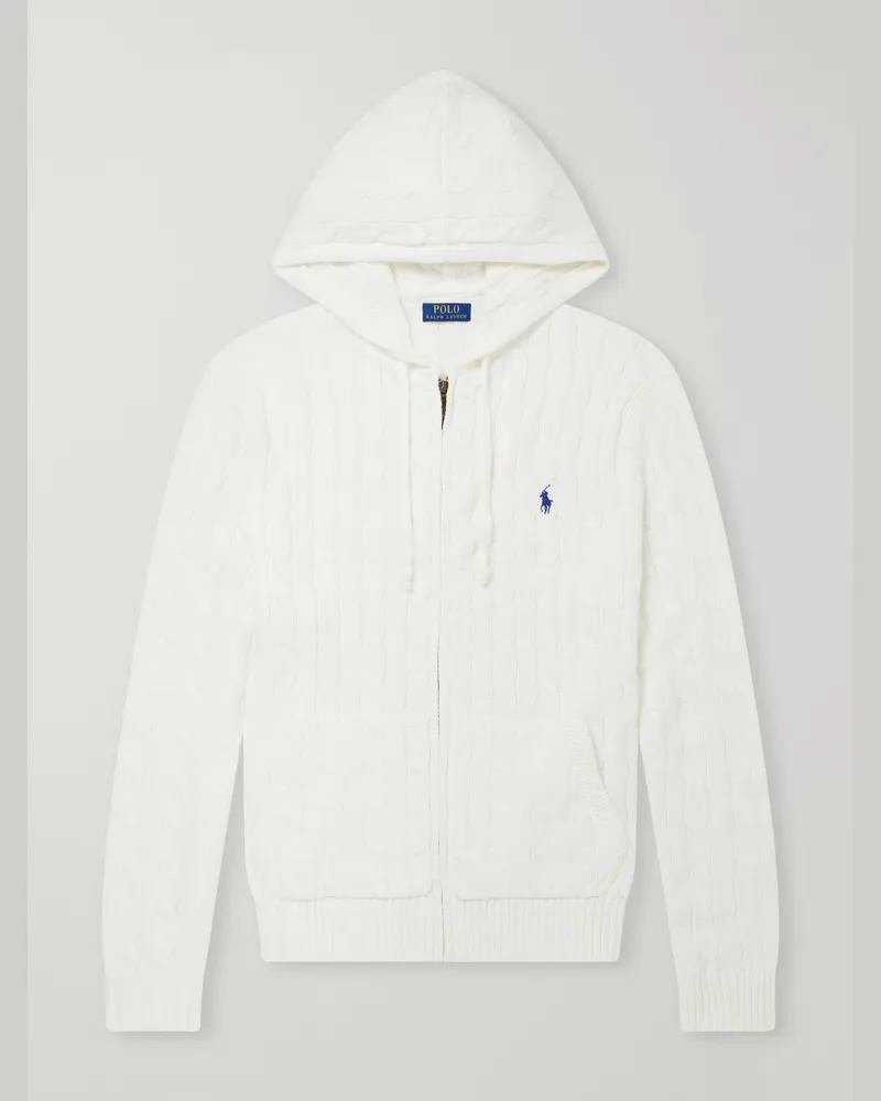 Ralph Lauren Logo-Embriodered Cable-Knit Cotton Zip-Up Hoodie White