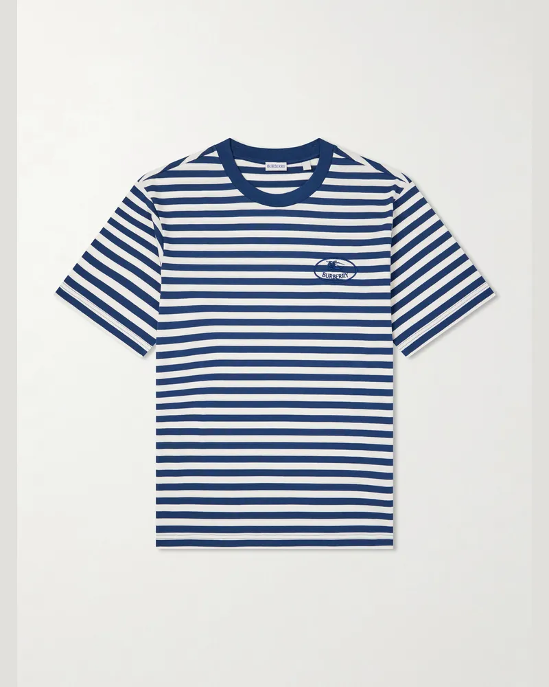 Burberry Ryan Logo-Embroidered Striped Cotton-Blend Jersey T-Shirt Blue