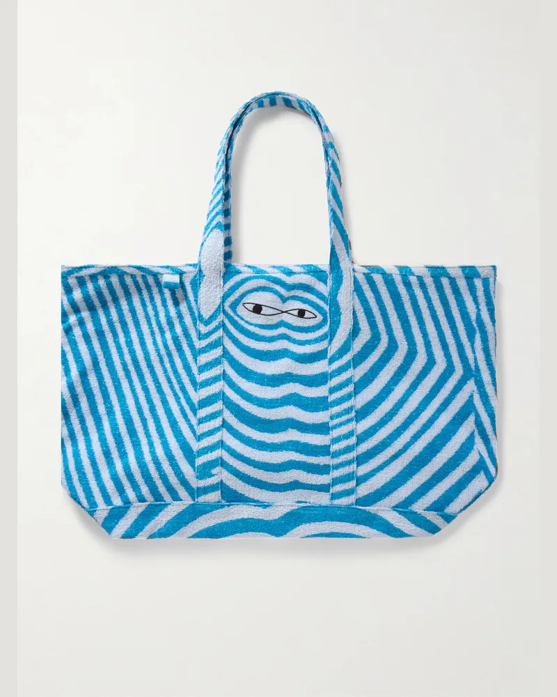 The Elder Statesman Embroidered Striped Organic Cotton-Terry Tote Bag Blue