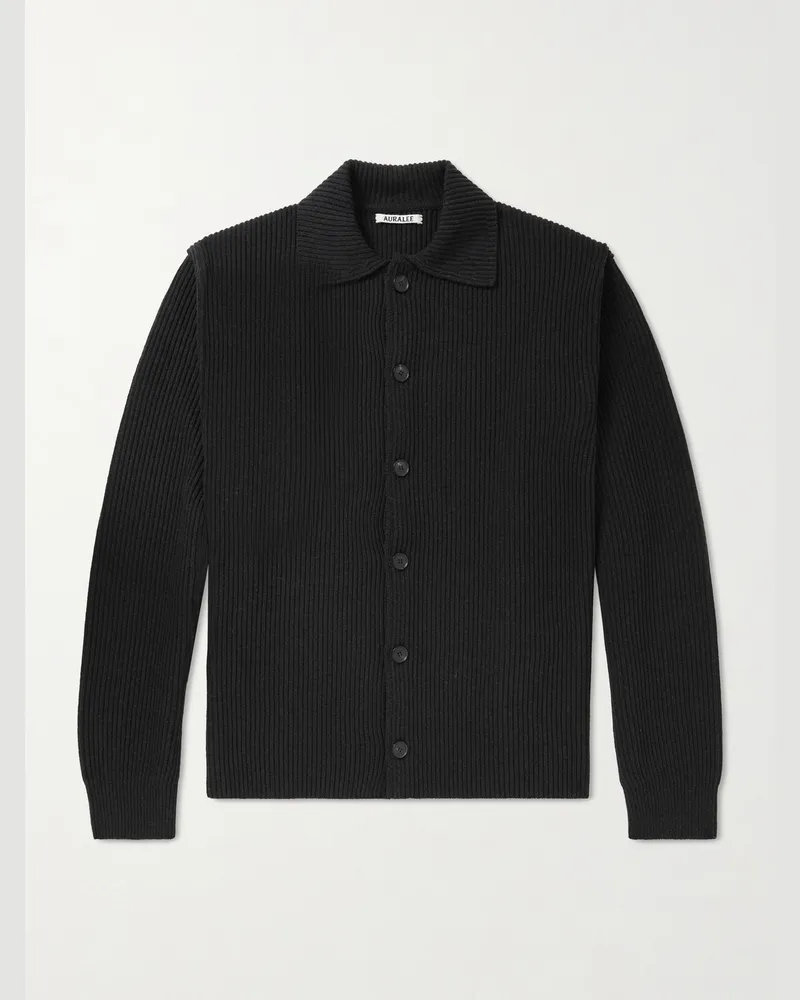 AURALEE Cardigan im Hemdstil aus Wolle in Rippstrick Schwarz