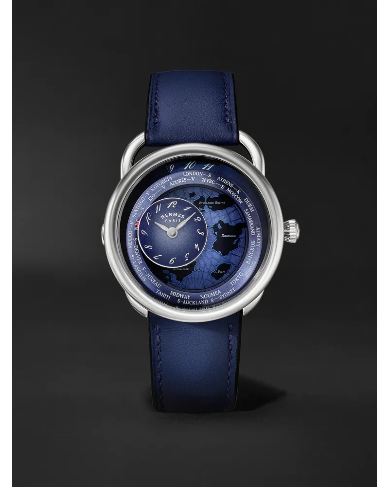 Hermès Arceau Le Temps Voyageur 38 Mm Uhr Aus Edelstahl Mit Automatischem Aufzug Und Lederarmband Ref. Nr.: W057263ww00 M Blau