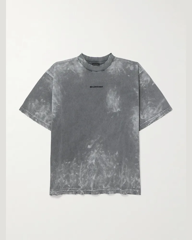 Balenciaga Oversized Distressed Logo-Embroidered Printed Cotton-Jersey T-Shirt Gray