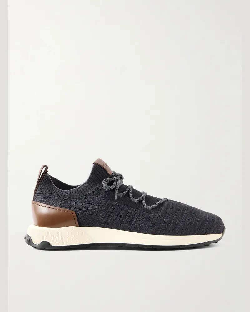 TOD'S Leather-Trimmed Stretch-Knit Sneakers Blue
