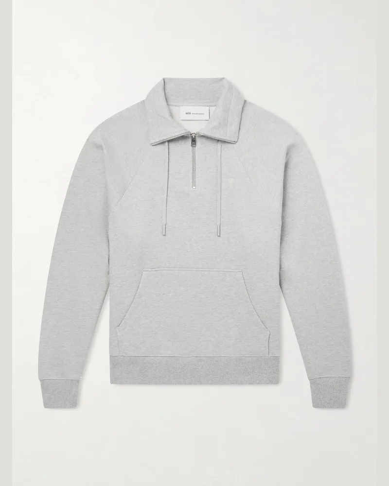 AMI Paris Logo-Embroidered Cotton-French Terry Half-Zip Sweater Gray