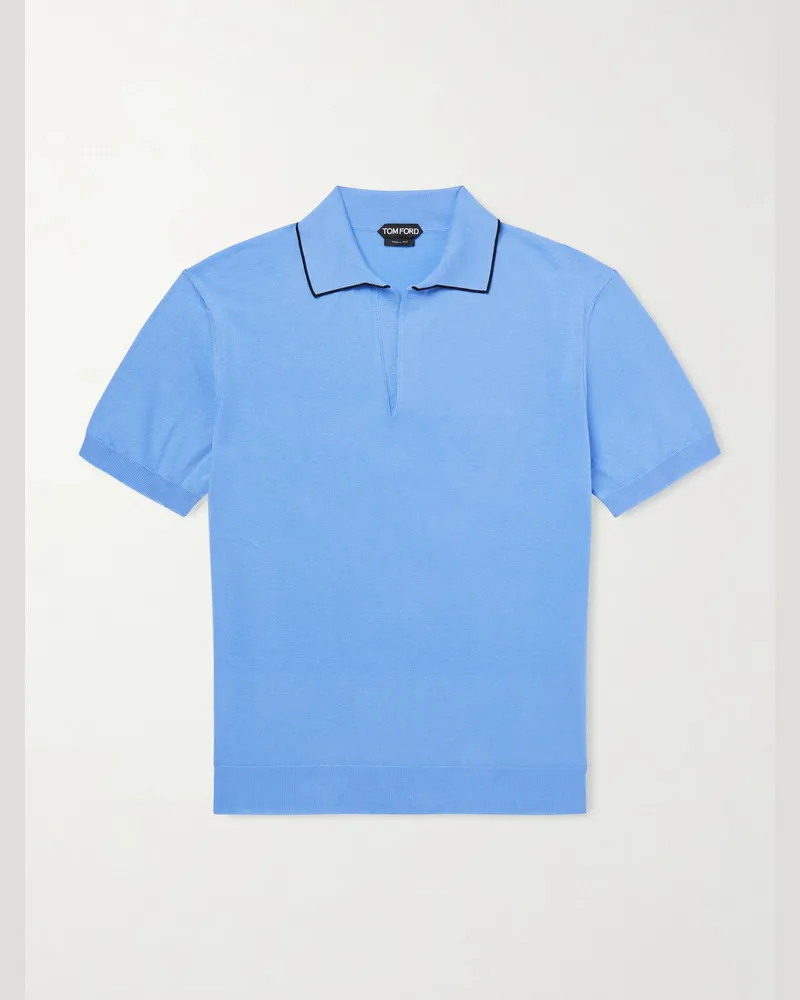 Tom Ford Sea Island Cotton and Silk-Blend Polo Shirt Blue