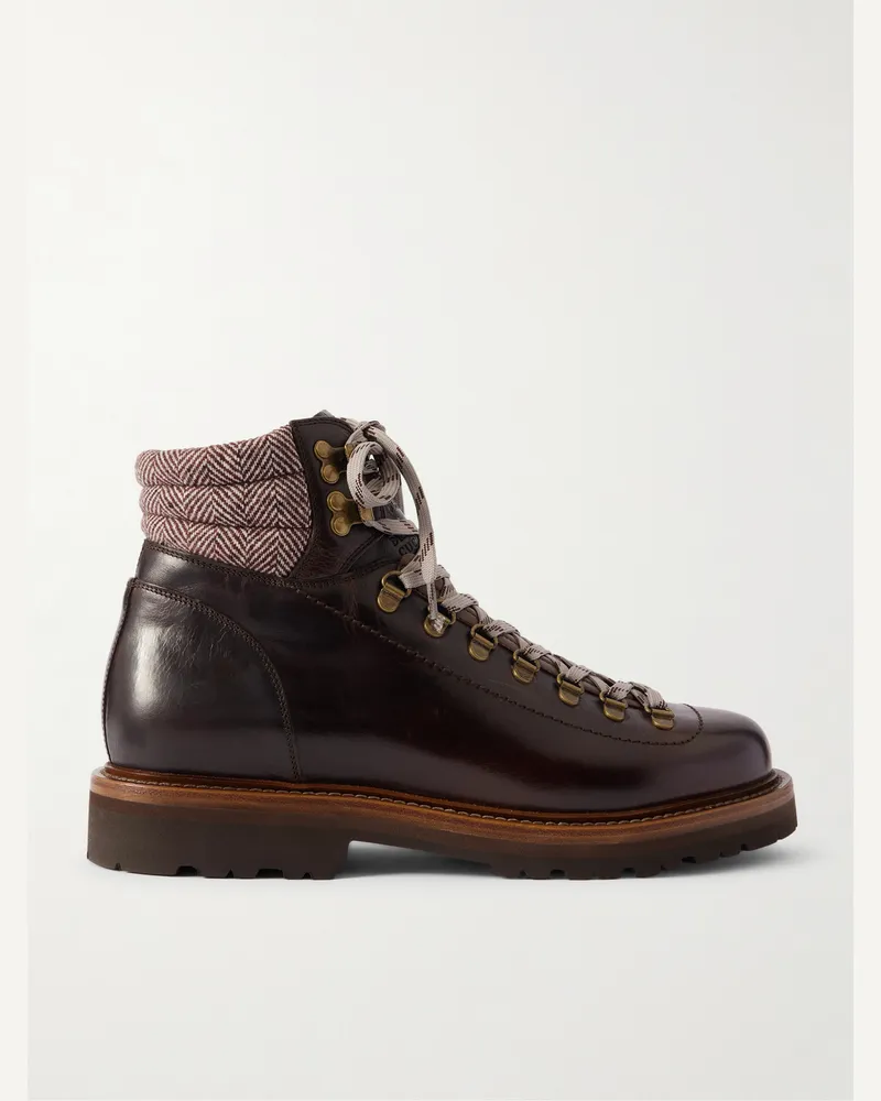 Brunello Cucinelli Stiefel aus Glanzleder mit Besatz aus einer Woll-Kaschmirmischung Burgunder