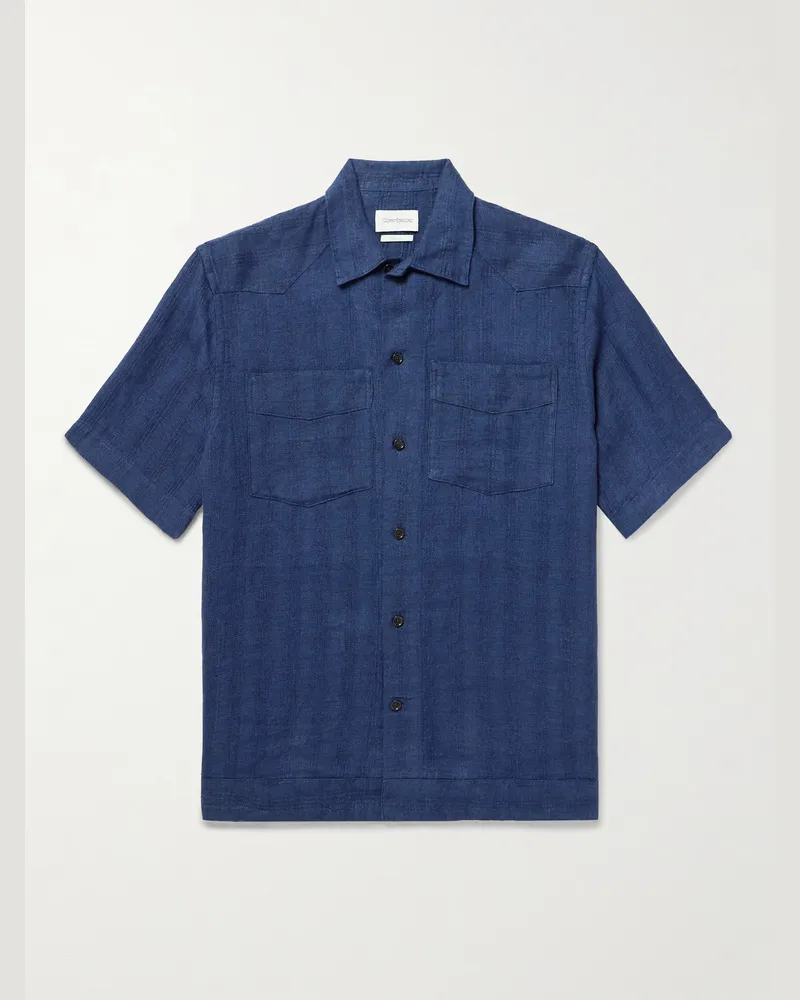 Oliver Spencer Santiago gestreiftes Hemd aus Leinen Blau
