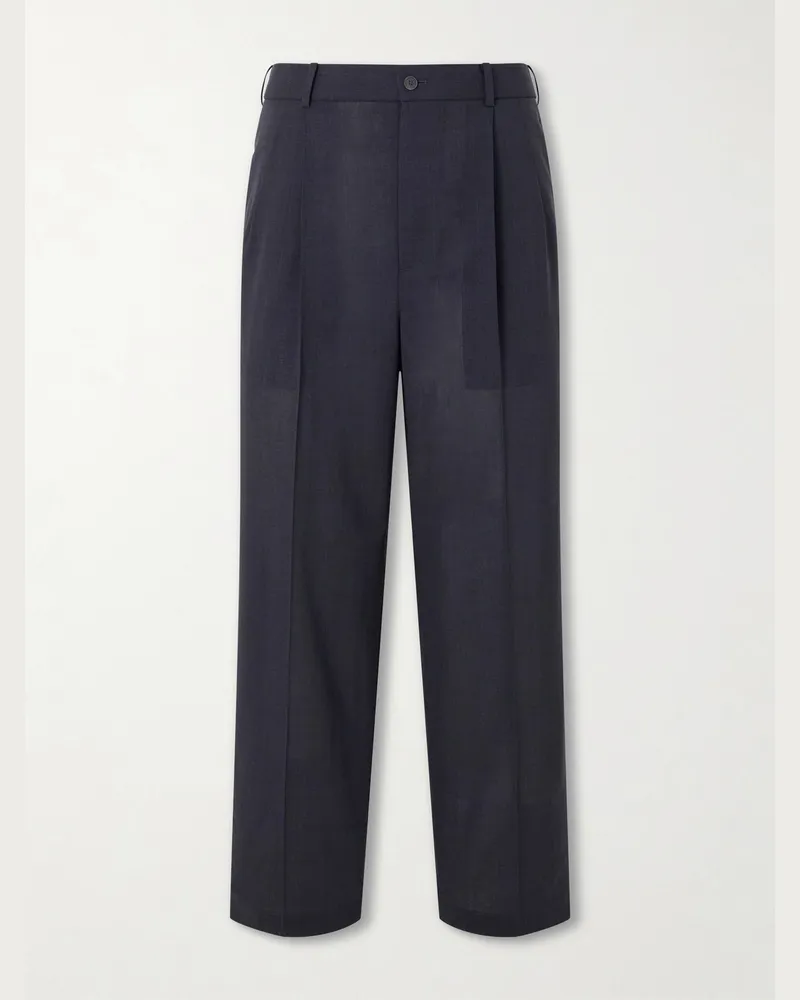 ATON Straight-Leg Pleated Wool-Gauze Trousers Blue