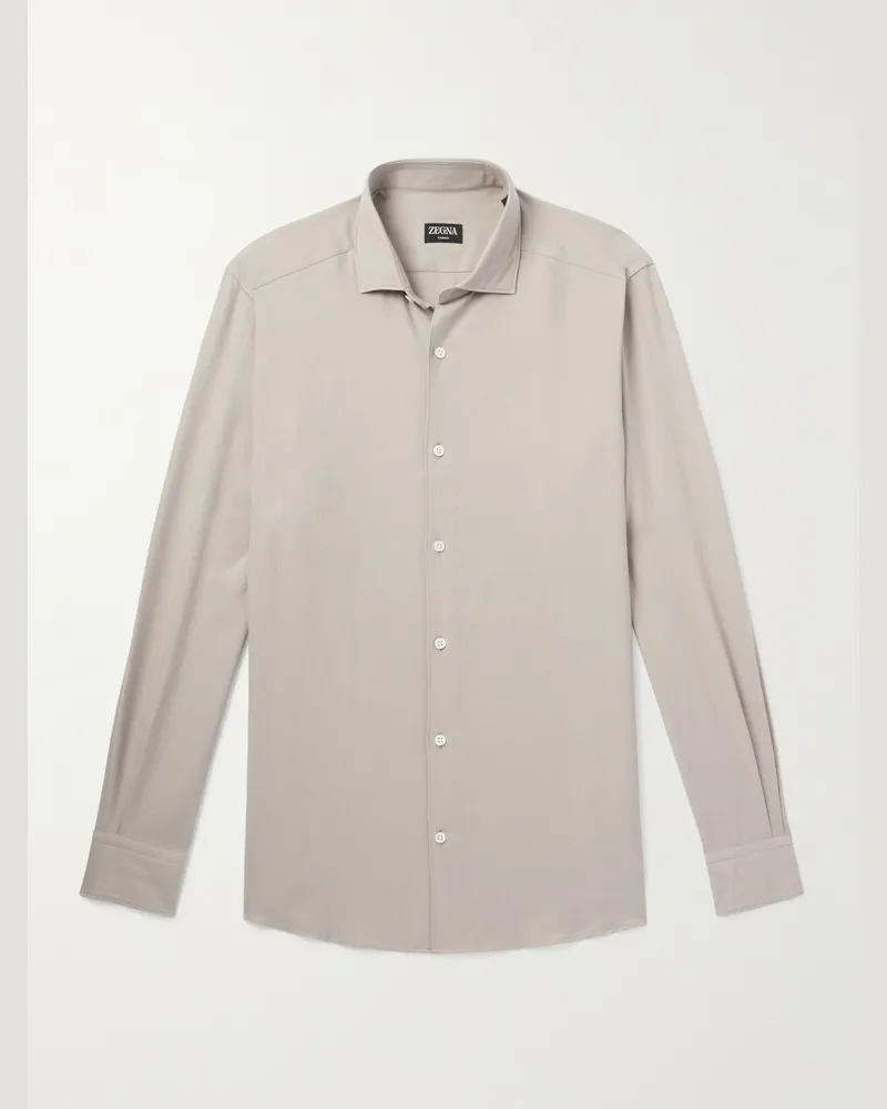 Ermenegildo Zegna Cutaway-Collar Cotton and Cashmere-Blend Twill Shirt Neutrals