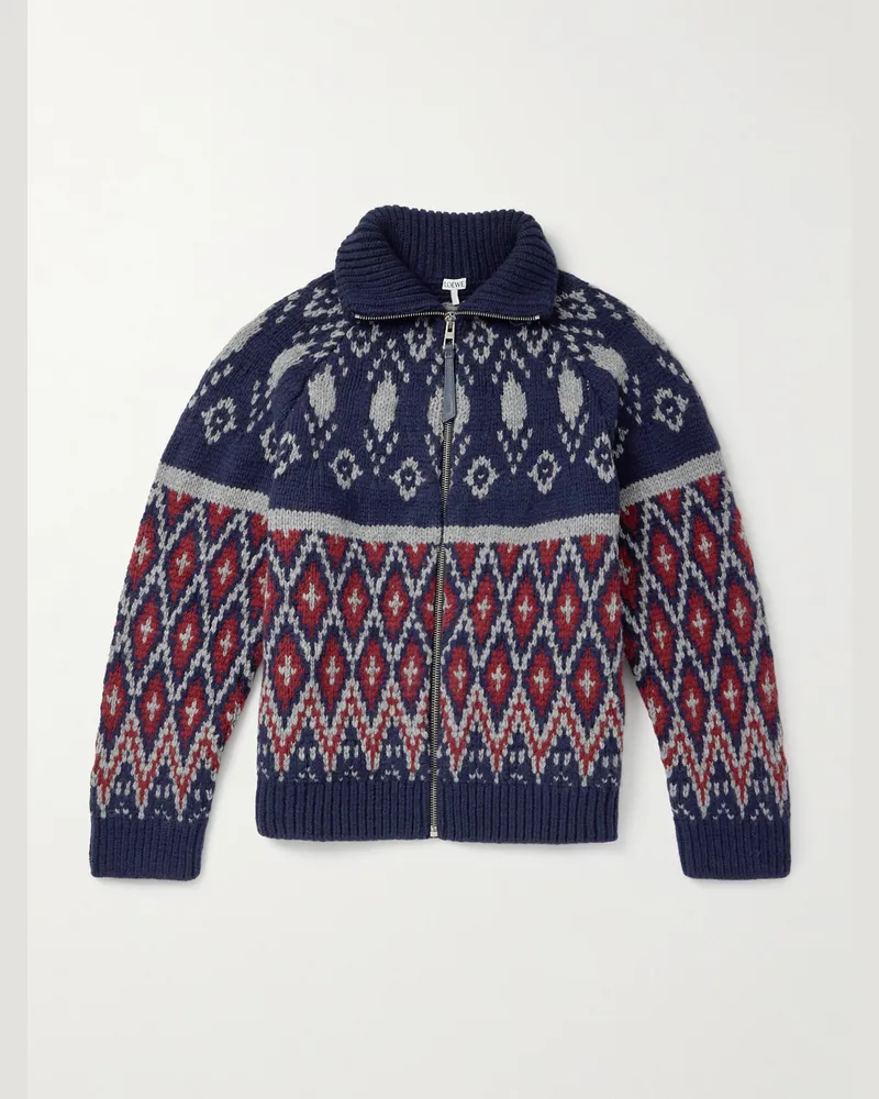 Loewe Cardigan aus Jacquard-Strick aus einer Wollmischung mit Fair-Isle-Muster und Reißverschluss Blau