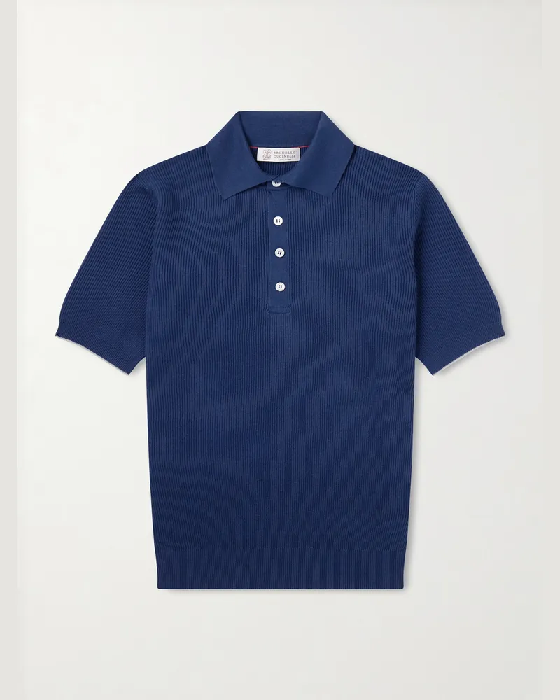 Brunello Cucinelli Polohemd aus Baumwolle in Rippstrick Blau