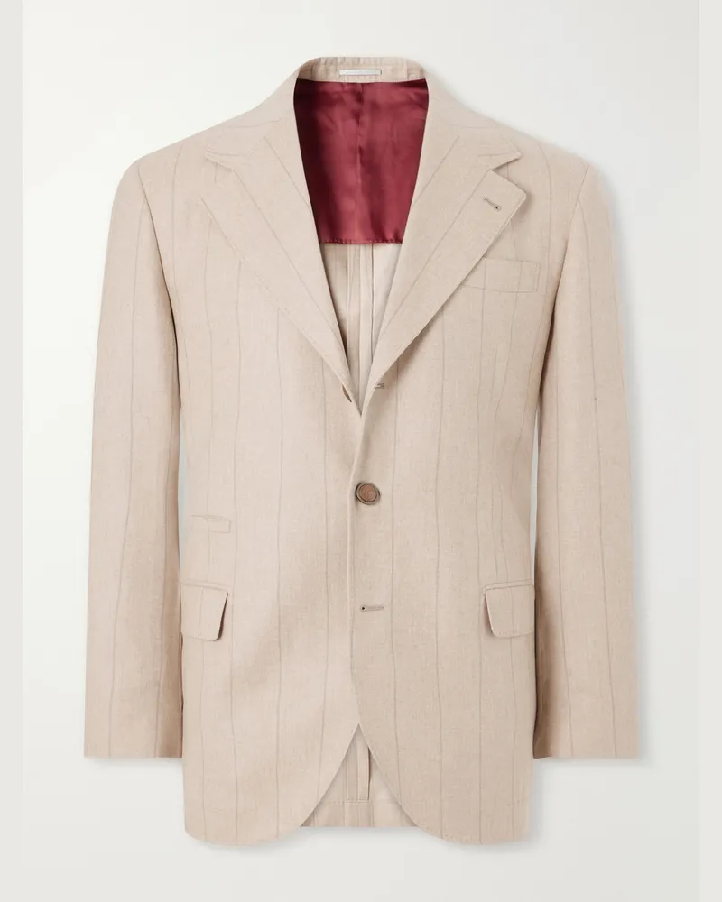 Brunello Cucinelli Pinstripe Wool, Silk and Cashmere-Blend Flannel Suit Jacket Brown