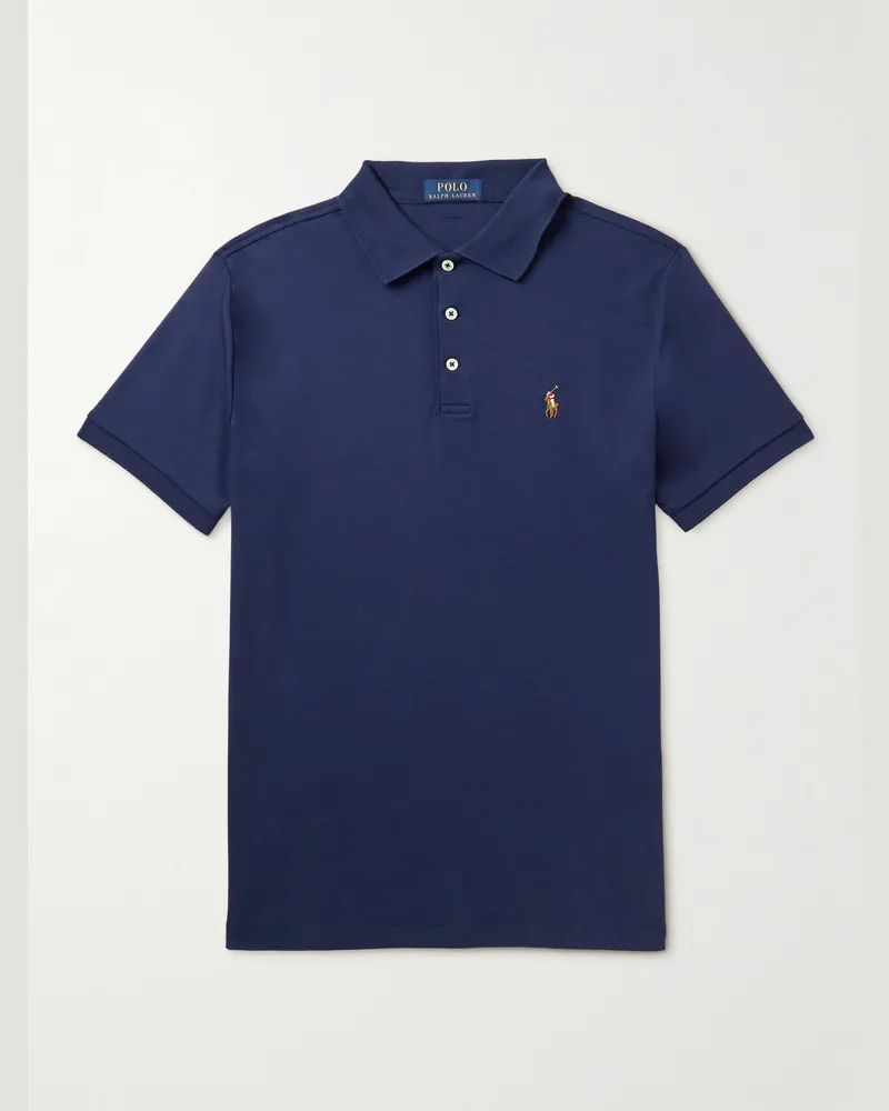 Ralph Lauren Logo-Embroidered Cotton-Jersey Polo Shirt Blue