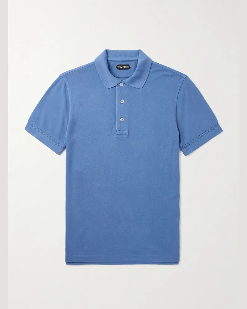 Tom Ford Slim-Fit Lyocell and Cotton-Blend Piqué Polo Shirt Blue